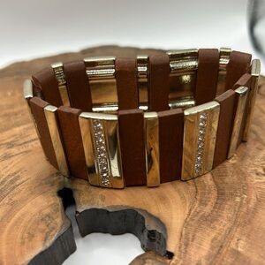 MCM WOOD GOLDTONE RHINESTONE VINTAGE BRACELET STRETCHY